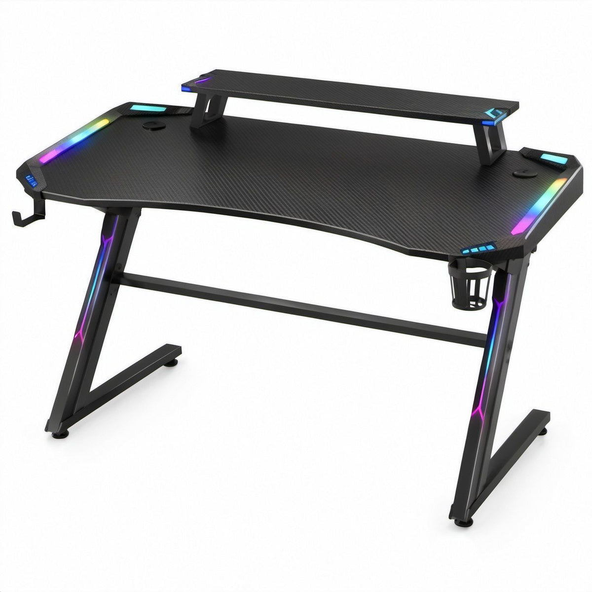 Gaming-Schreibtisch mit Monitoraufsatz und RGB-LED-Beleuchtung, Schwarz, 140 x 60 x 75 cm