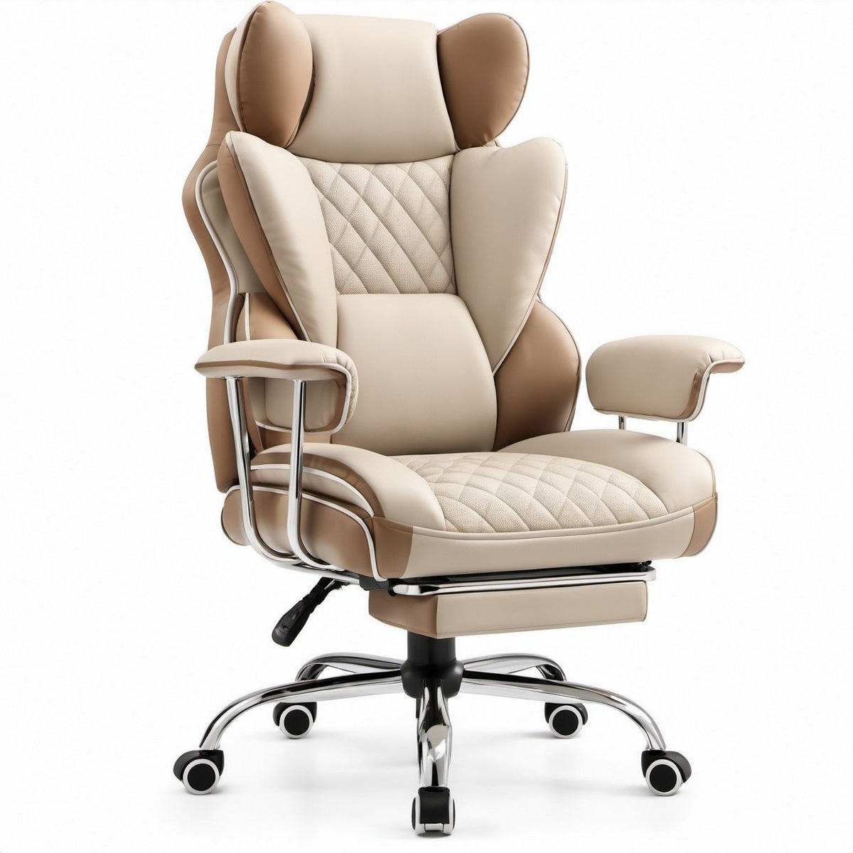 Gaming-Bürostuhl aus PU-Kunstleder in Beige/Braun/Chrom, 70 x 70 x 118–128 cm
