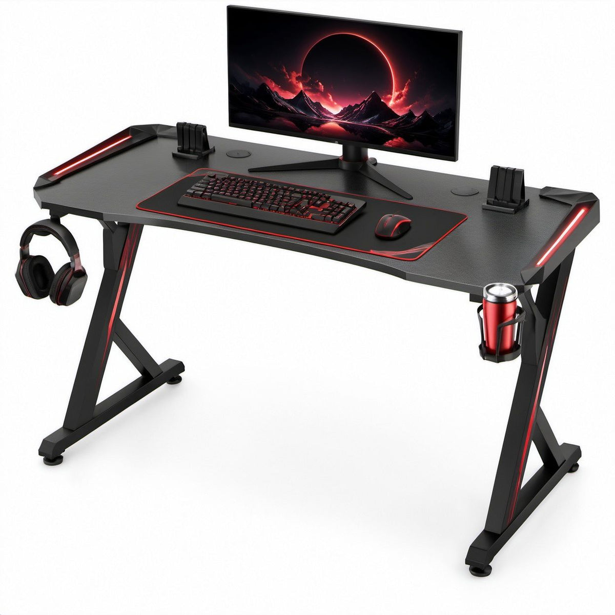 Gaming-Schreibtisch 140 x 60 x 75 cm mit LED-Beleuchtung, Getränkehalter und Kopfhörerhaken, Schwarz/Rot