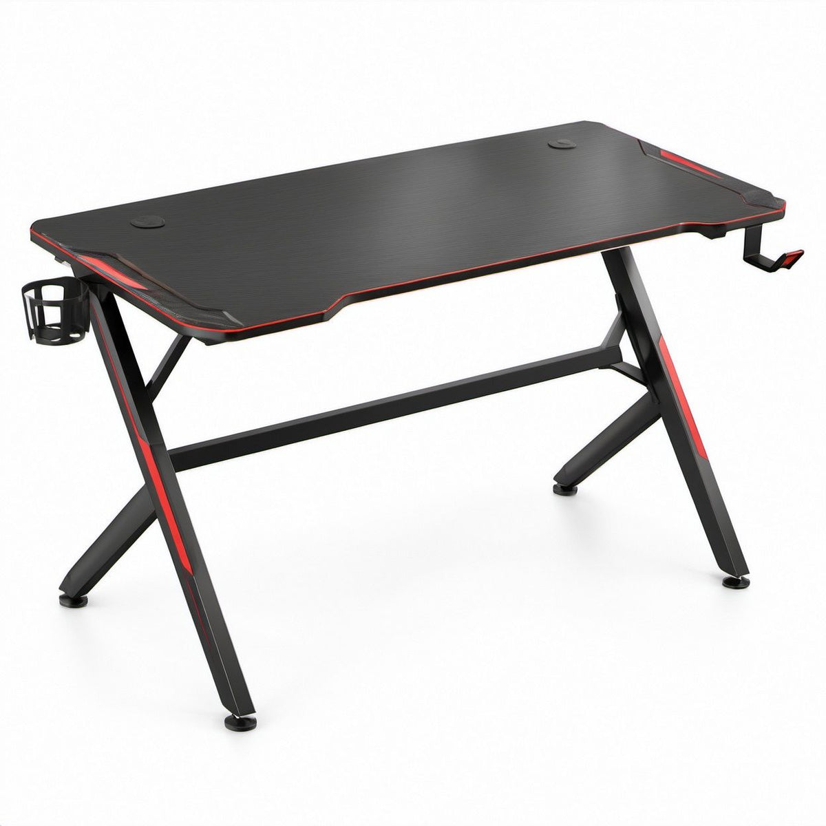 Gaming-Schreibtisch in Schwarz/Rot mit Carbonoptik, Kabeldurchführungen, Getränkehalter und Kopfhörerhaken, 140 x 60 x 75 cm