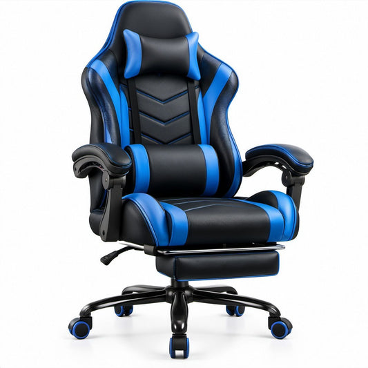 Gamingstuhl in Rennsitzform, Schwarz/Blau, PU-Kunstleder, 68 x 68 x 125–135 cm, mit Fußstütze