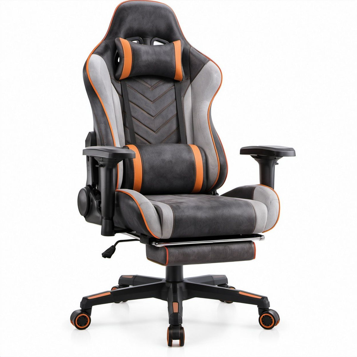 Gamingstuhl in Rennsitzform mit Fußstütze, Schwarz/Grau/Orange, 70 x 70 x 124–134 cm