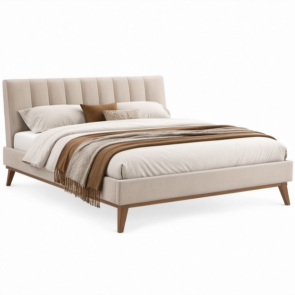 Gepolstertes Bettgestell Beige/Braun mit vertikal gestepptem Kopfteil, 160 x 200 cm, 167 x 213 x 105 cm