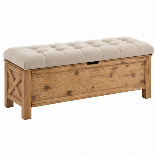 Sitzbank mit Stauraum aus massivem Kiefernholz, Naturbraun/Beige, 120 x 40 x 50 cm