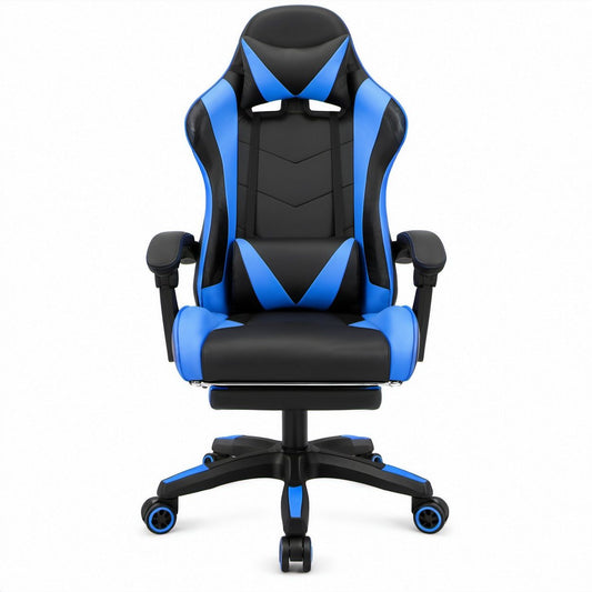 Gamingstuhl mit Fußstütze aus PU-Kunstleder, Schwarz/Blau, 66 x 66 x 125–135 cm