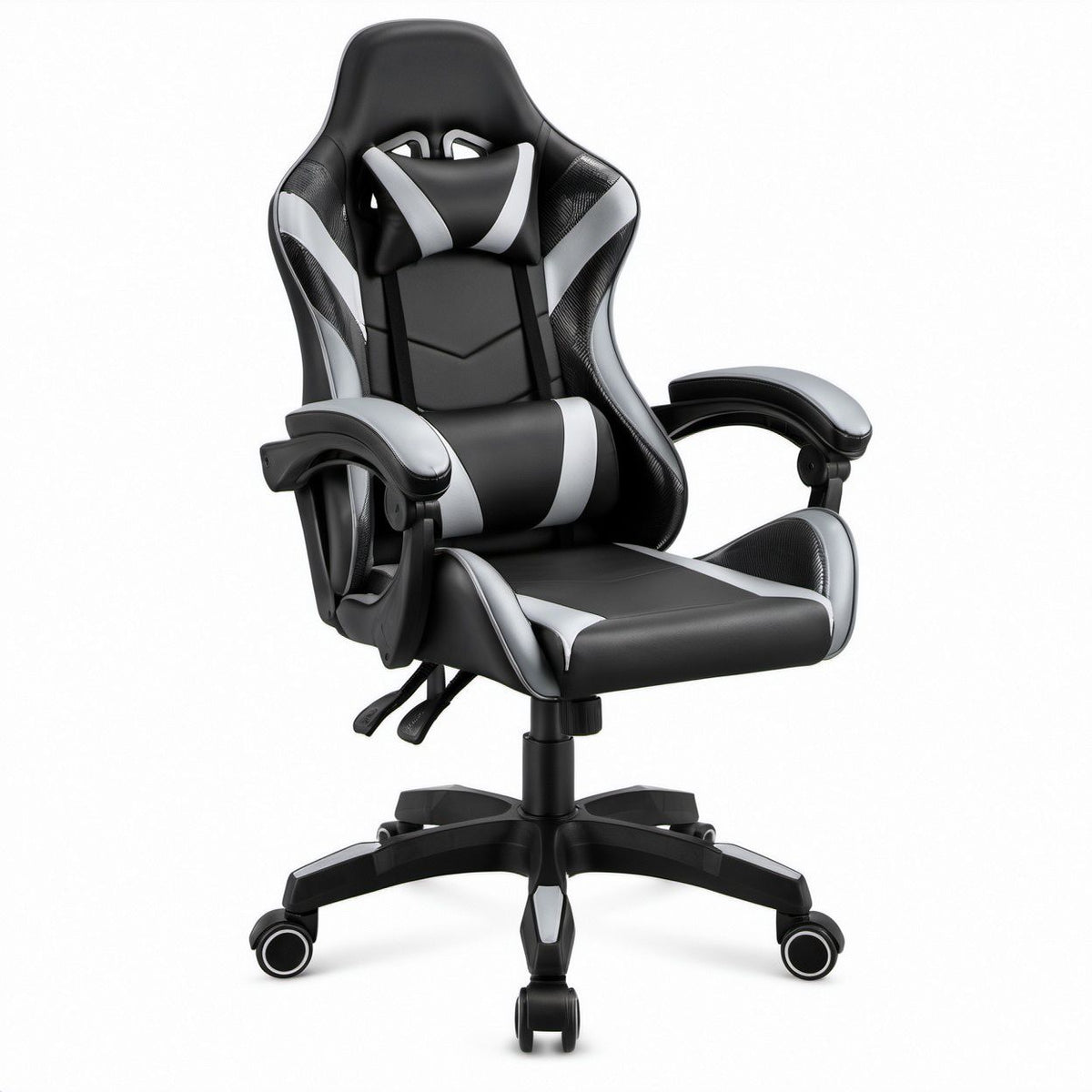 Gamingstuhl im Rennsitz-Design Schwarz/Grau aus PU-Kunstleder, 65 x 65 x 122–132 cm