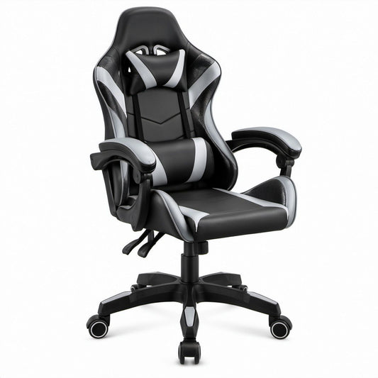 Gamingstuhl im Rennsitz-Design Schwarz/Grau aus PU-Kunstleder, 65 x 65 x 122–132 cm