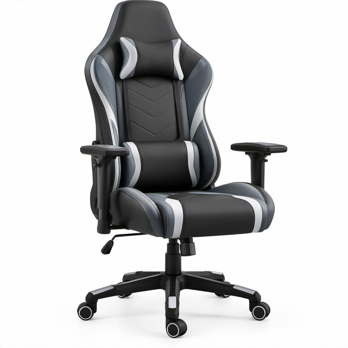 Ergonomischer Gamingstuhl aus PU-Kunstleder in Schwarz/Grau/Weiß, 66 x 70 x 125–135 cm