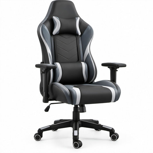 Ergonomischer Gamingstuhl aus PU-Kunstleder in Schwarz/Grau/Weiß, 66 x 70 x 125–135 cm