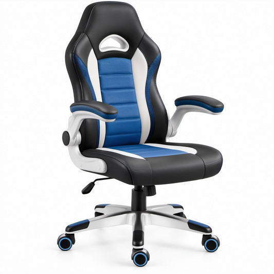 Gaming-Drehstuhl aus PU-Kunstleder und Polyestergewebe, Schwarz/Blau/Weiß, 65 x 65 x 118–128 cm