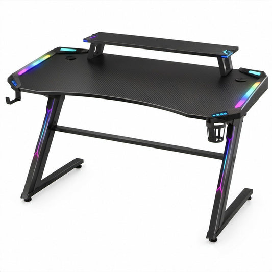 Gaming-Schreibtisch mit Monitoraufsatz und RGB-LED-Beleuchtung, Schwarz, 140 x 60 x 75 cm