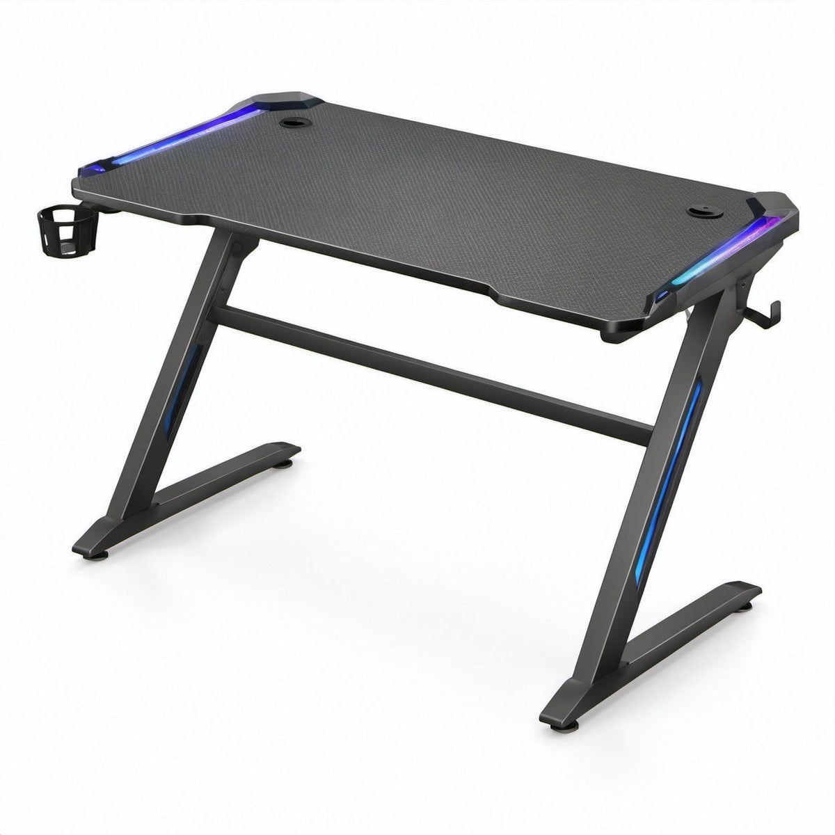 Gaming-Schreibtisch 120 x 60 x 75 cm in Schwarz mit blauen und violetten LED-Leuchten