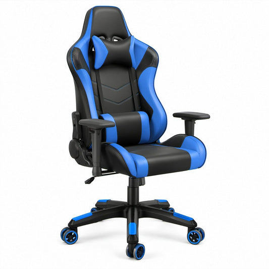 Gamingstuhl aus PU-Kunstleder mit Rollen und verstellbarer Rückenlehne, Schwarz/Blau, 65 x 65 x 120–130 cm