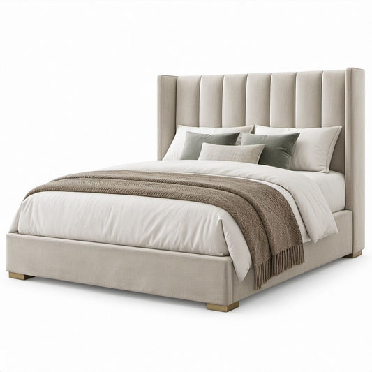 Gepolstertes Doppelbett 160 x 200 cm mit Polyesterbezug in Beige und goldfarbenen Füßen