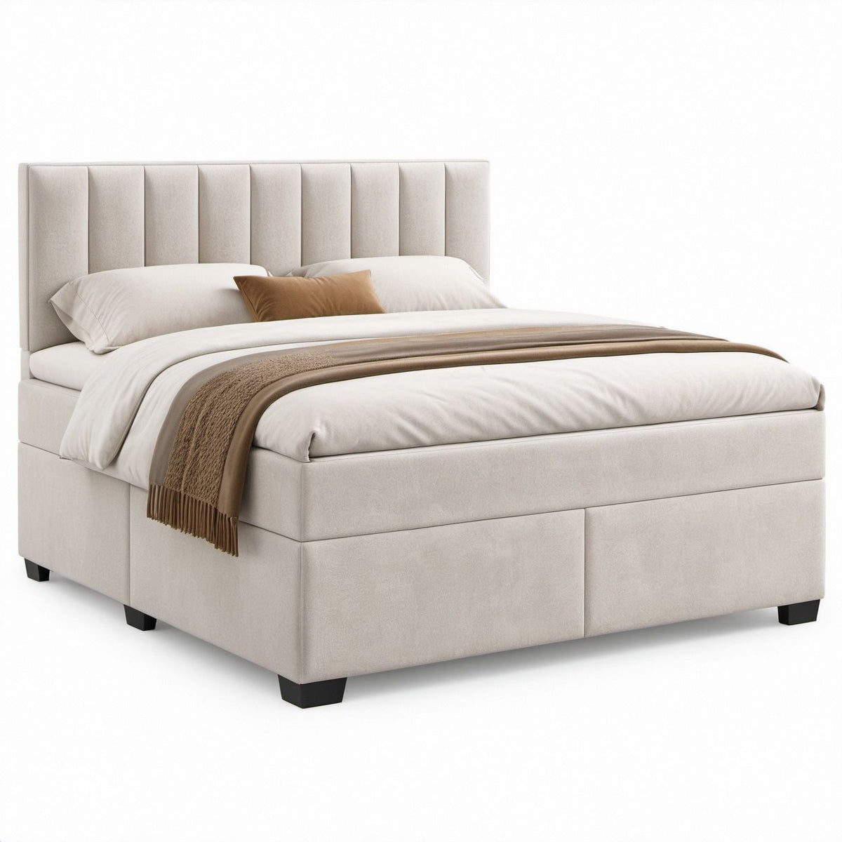 Gepolstertes Doppelbett mit vertikal gestepptem Kopfteil, Beige/Schwarz, 180 x 200 cm