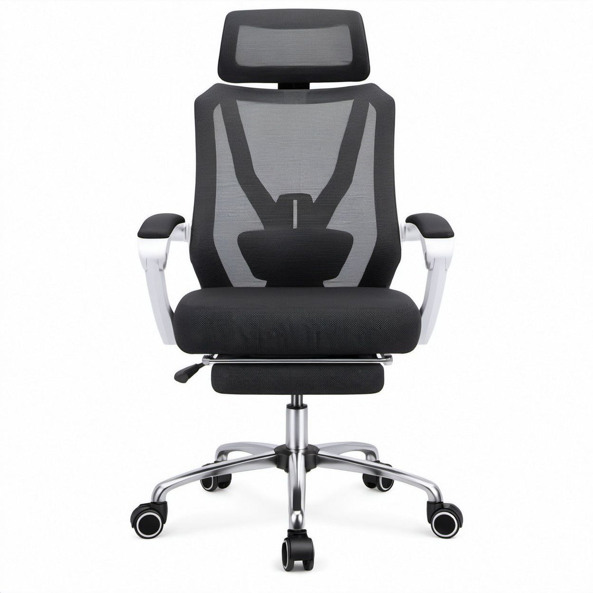 Ergonomischer Bürostuhl mit Kopfstütze und ausziehbarer Fußstütze, Schwarz/Grau/Silber, 66 x 66 x 116–126 cm