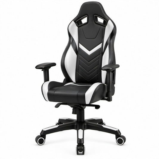 Höhenverstellbarer Gaming-Drehstuhl aus PU-Kunstleder Schwarz/Weiß, 67 x 70 x 122–132 cm
