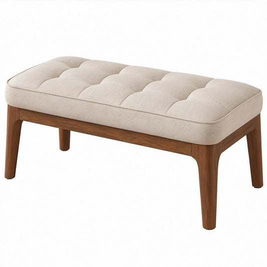 Rechteckige Flurbank aus massivem Walnussholz mit beigem Polyesterbezug, 110 x 45 x 46 cm