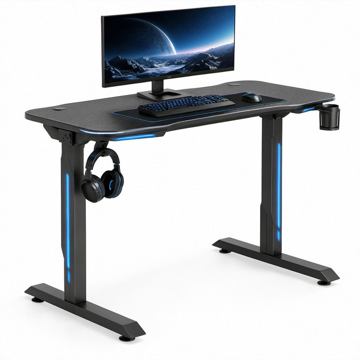 Gaming-Schreibtisch mit blauer LED-Beleuchtung, Carbonfaser-Optik, Schwarz/Blau, 140 x 60 x 75 cm