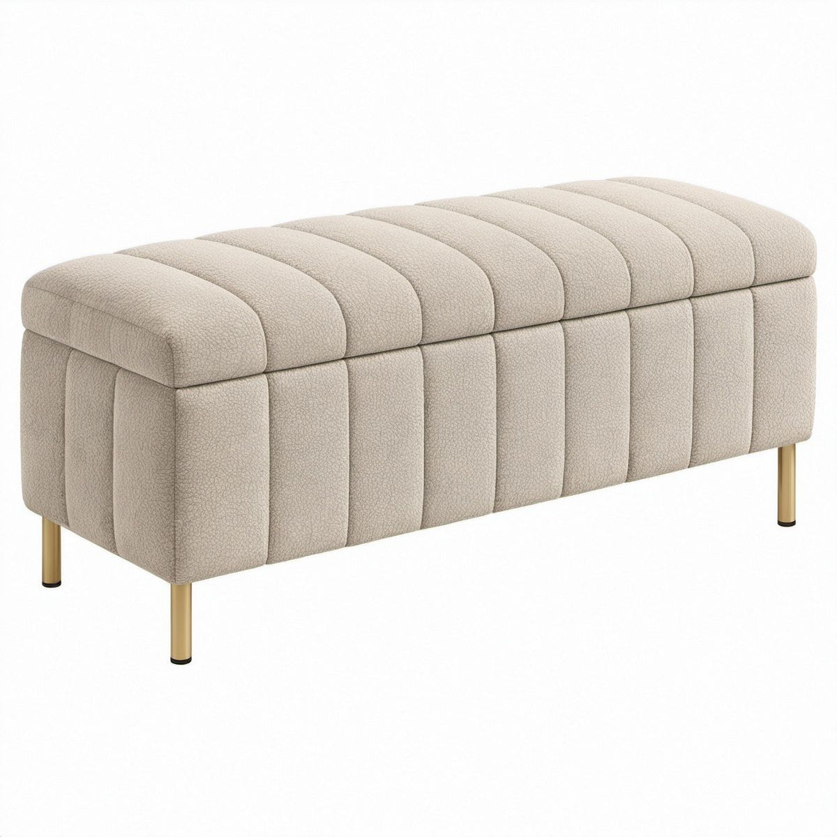 Rechteckige Sitzbank mit Stauraum aus Polyester-Bouclé in Creme mit goldfarbenen Stahlbeinen, 100 x 40 x 45 cm